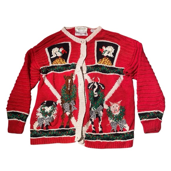 Marisa Christina Classic Knit Red Cardigan Farm Animals Cow Horse Chicken Pig S - Picture 1 of 3